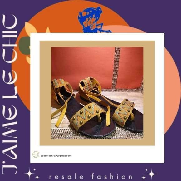 Not Rated Mustard Yellow Sandals with Colourful Sewed Accents - Picture 1 of 6